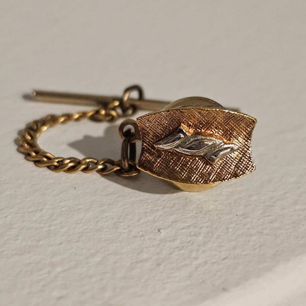 Swank Tie Tack Gold Silver Tone Textured Shield Vintage T-Bar Chain MCM 60s 70s